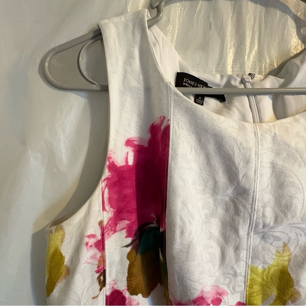 Jones New York Floral Dress Sz 8 Sleeveless A-Line Pleated Cotton Stretch White - Picture 4 of 9